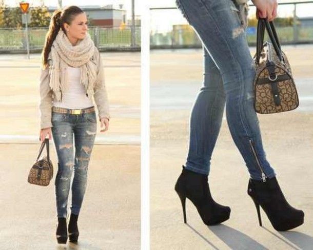 jeans high heels black high heels scarf