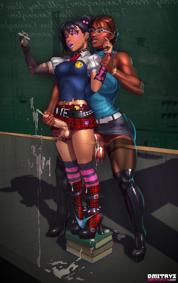 2girls ahegao anal anal_penetration big_balls big_breast big_breasts big_penis black_hair blue_eyes blush breasts brown_eyes brown_hair busty chalkboard classroom clothed_sex clothing cum cum_explosion cum_in_ass cum_inside cum_on_floor cum_while_penetrat