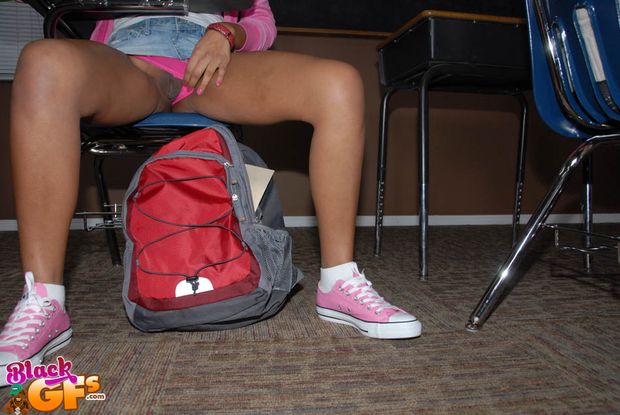 Ebony teen exposes pussy in class