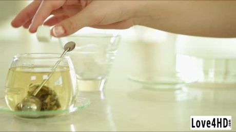 Gorgeous green eyed blonde babe getting fucked by her man from behind.