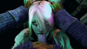 3d animated balls_deep batman:_arkham_knight batman_(series) blonde_hair blue_eyes clothes clothing cock dc dc_comics deepthroat fellatio gif harley_quinn head_grab irrumatio joker makeup moneyshot oral pov rolling_eyes runny_makeup sfmoneyshot source_fil