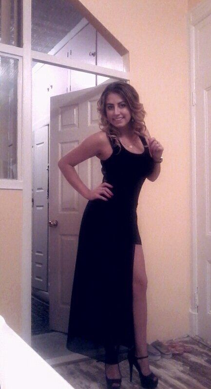 Blonde babe going out in long black dress