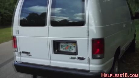 Helpless teen bent over