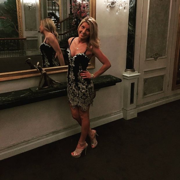 Party blonde chick in her night dress and heels