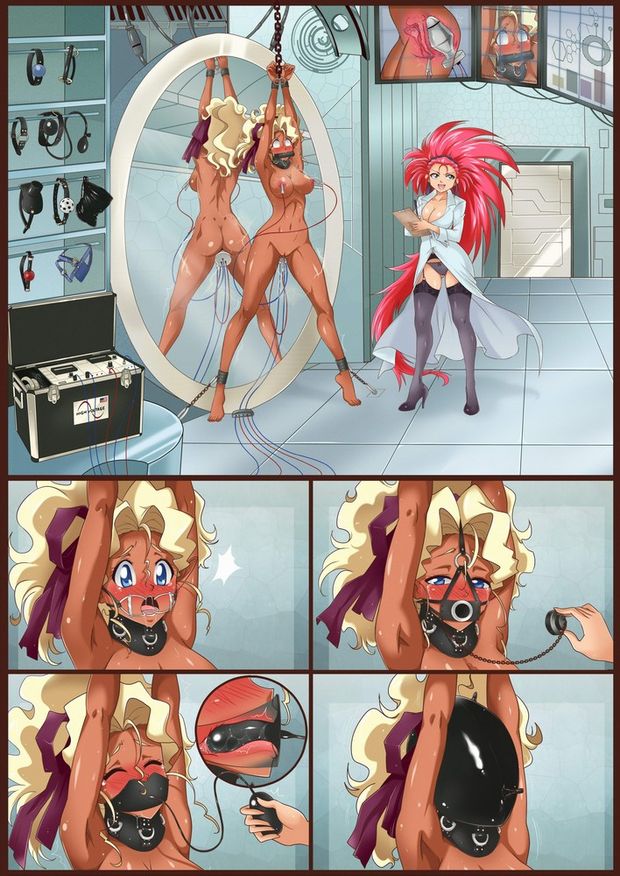 tenchi muyo! kuramitsu mihoshi hakubi washuu crimeglass high resolution very high resolution 2girls ahegao anal arms up ballgag barefoot bdsm bit gag black skin blonde blue eyes blush bondage breasts butt plug collar cross section cuffs dark skin dildo el