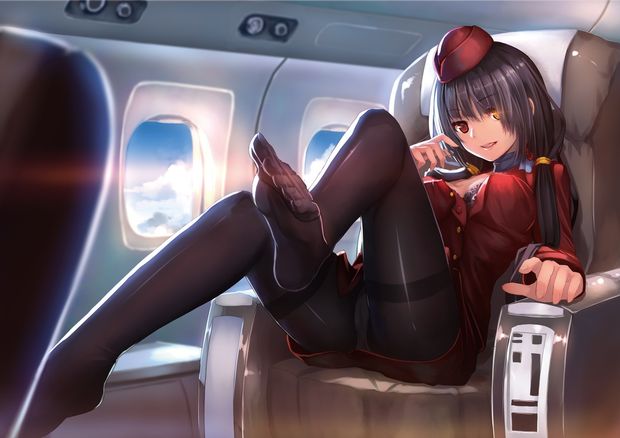 pixiv date a live tokisaki kurumi weiyinji xsk high resolution fanart fanart from pixiv 1girl airplane interior black bra black hair black legwear bra breasts cameltoe cleavage couch feet female flight attendant garrison cap hat heterochromia indoors leg