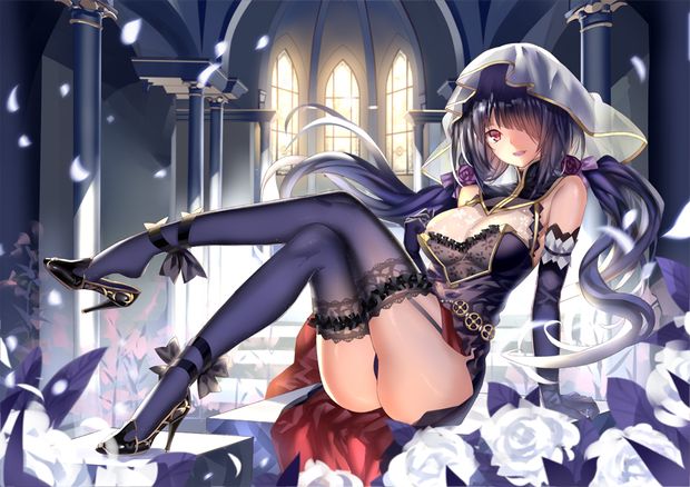 date a live tokisaki kurumi miyazaki byou 1girl arm support ass bare shoulders bent knees black gloves black hair black legwear black panties blue gloves blue handwear blue legwear breasts cleavage crossed legs dress elbow gloves female flower garter stra