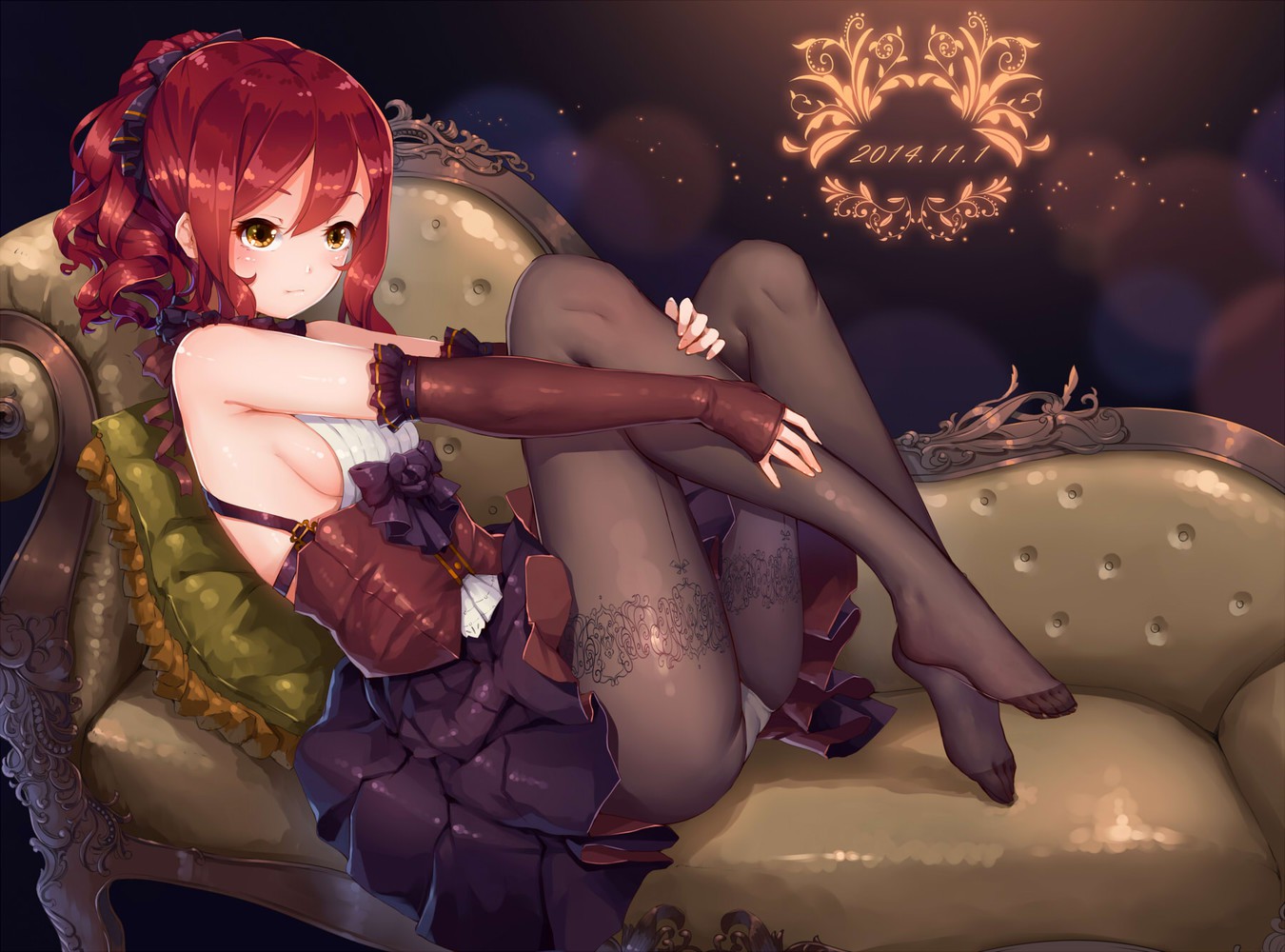 original chaise longue fangxiang cuoluan high resolution 1girl bare shoulders black legwear blush bow breasts brown eyes corset couch curly hair dated detached sleeves feet female green upholstery no shoes panties under pantyhose pantsu pantyhose red hair