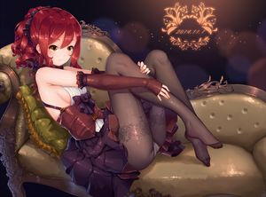 original chaise longue fangxiang cuoluan high resolution 1girl bare shoulders black legwear blush bow breasts brown eyes corset couch curly hair dated detached sleeves feet female green upholstery no shoes panties under pantyhose pantsu pantyhose red hair