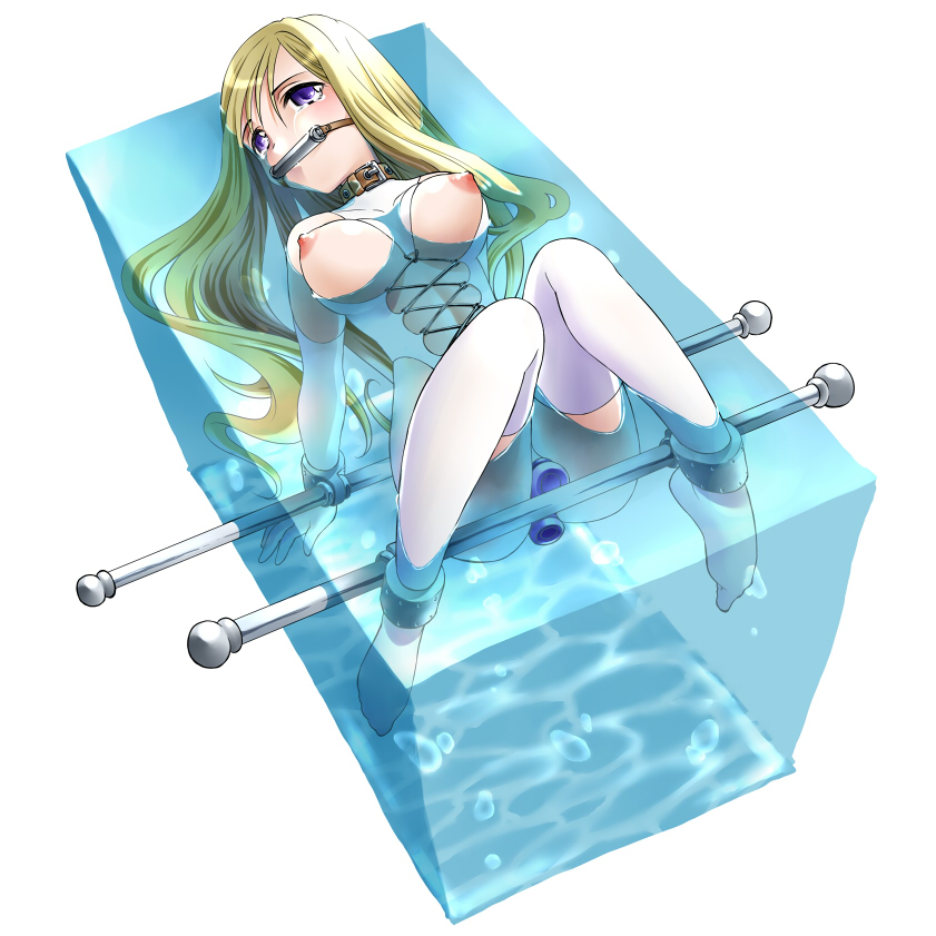 mikam 1:1 aspect ratio 1girl bdsm bit gag blonde blush bondage breastless clothing breasts breasts out of clothes collar dildo double penetration elbow gloves female gag gloves long hair nipples purple eyes solo spreader bar tears thighhighs water