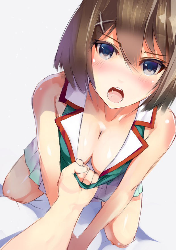 kantai collection maya (kantai collection) henet hene sketch 1girl blue eyes blush breasts brown hair cleavage down blouse hairclip hair ornament looking at viewer miniskirt open mouth pleated skirt pov pov hands school uniform serafuku shirt pull short h