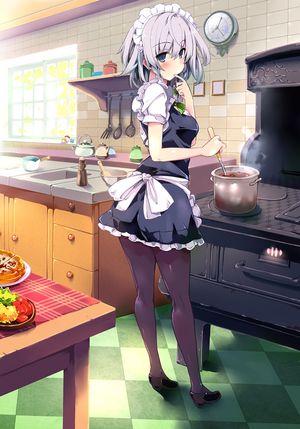 touhou izayoi sakuya morogami ryou 1girl apron black legwear blue eyes blush bow bowl braid checkered checkered floor clock cooking female finger to mouth food hair bow kitchen ladle legs looking at viewer maid maid headdress pantyhose pot short hair silv