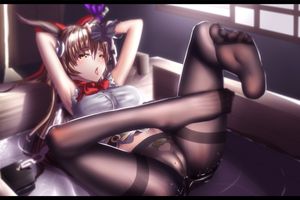 touhou ibuki suika hk (hk) high resolution 3:2 aspect ratio letterboxed 1girl alternative bust size armpits black legwear blonde blush breasts cameltoe chain feet food fruit hair bun horn ribbon horns legs up long hair long legs looking at viewer lying no