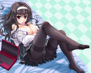 saenai heroine no sodatekata kasumigaoka utaha noritama (gozen) 1girl ass black hair breasts breast squeeze cleavage computer condom condom in mouth crotch seam feet hairband laptop large breasts long hair long legs lying mouth hold off shoulder on back p