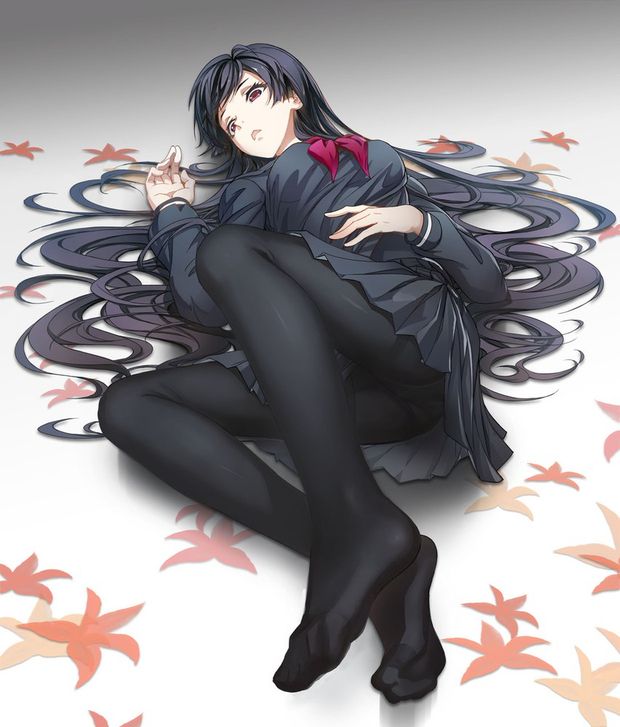 dusk maiden of amnesia kanoe yuuko streamingsun high resolution 1girl black hair black legwear black serafuku feet female hime cut long hair lying panties under pantyhose pantsu pantyhose red eyes ribbon school uniform serafuku solo thighband pantyhose un