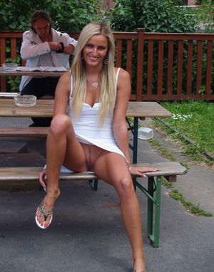 Blonde Wife No Panties Pussy Upskirt In Public Pic