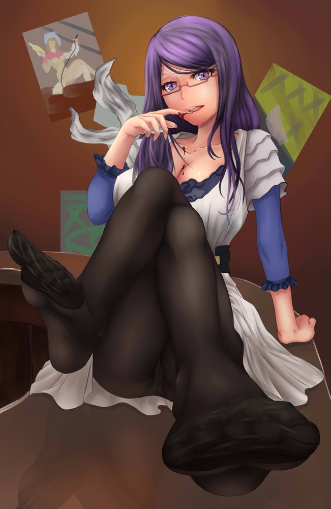 tokyo ghoul kamishiro rize kuro1905 high resolution very high resolution 1girl black legwear blood bra breasts cleavage crossed legs crotch seam dress feet foreshortening hei1905 large breasts legs long hair looking at viewer megane no shoes open mouth pa