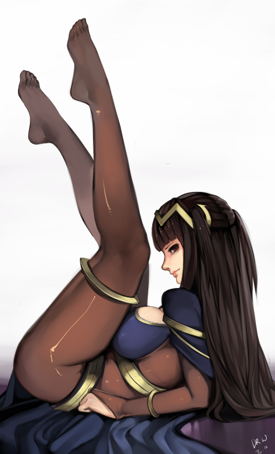 fire emblem fire emblem: kakusei nintendo tharja (fire emblem) dr.wolf 1girl black hair bodysuit breasts bridal gauntlets feet female large breasts legs legs up long hair long legs looking at viewer no shoes pantyhose sheer legwear solo thighs toes