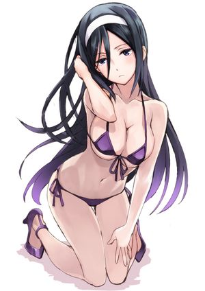 hyouka irisu fuyumi matsuryu :< 1girl bare shoulders bent knees bikini black hair blue eyes blush breasts cleavage expressionless female front-tie top frown full body gradient hair hairband hair between eyes halterneck hand on thigh headband high heels kn