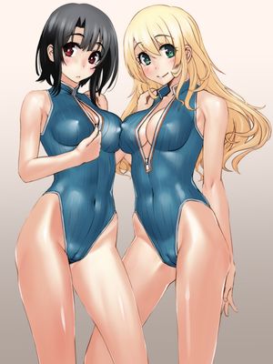 kantai collection atago (kantai collection) takao (kantai collection) sasayuki :< 2girls adapted costume alternative costume bare shoulders black hair blonde blush breast press breasts cameltoe covered navel erect nipples erect nipples under clothes front
