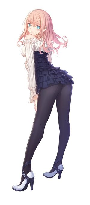 original steelleets high resolution 1girl ass back-seamed legwear bare shoulders black legwear blonde blue eyes blush breasts dress female from behind high heels large breasts long hair long sleeves looking at viewer looking back pantyhose pen.ch pink hai