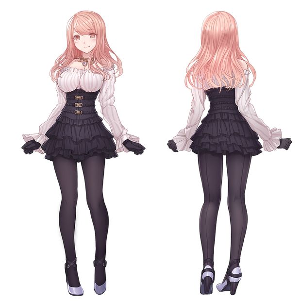 original steelleets 1:1 aspect ratio 1girl black gloves black legwear black skirt blush breasts brown hair dress frilled skirt frills from behind gloves high heels large breasts long hair looking at viewer pantyhose pen.ch pink eyes pink hair shoes simple