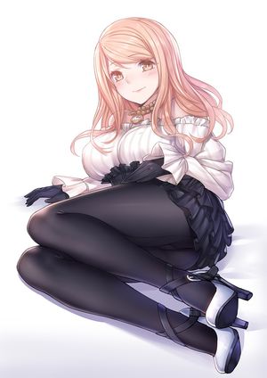 original steelleets high resolution 1girl black gloves black legwear blush breasts dress gloves high heels jewelry large breasts legs long hair looking at viewer lying pantyhose pen.ch pink eyes pink hair red eyes shoes simple background skirt smile solo