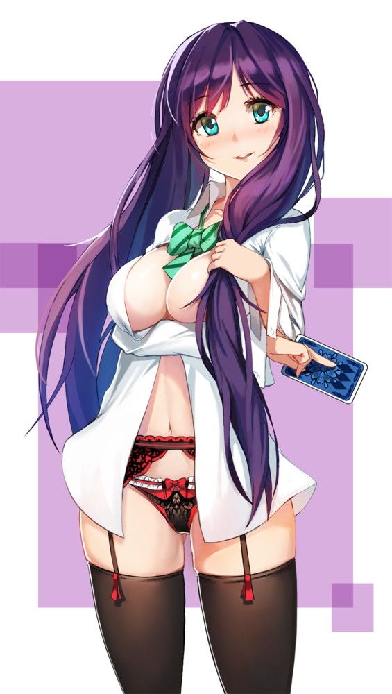 love live! school idol project toujou nozomi deneb (noble324) high resolution 1girl black legwear black panties blush breast hold breasts bunching hair card cleavage dress shirt garter belt garter straps green eyes hair down large breasts long hair no bra
