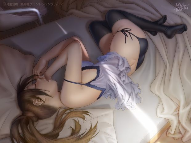 original yui toshiki high resolution 4:3 aspect ratio wallpaper 1girl artist name bed black legwear blush breasts brown hair cleavage long hair lying on side open mouth pantsu pillow ponytail side-tie panties signature sleeping solo sunlight thighhighs tr
