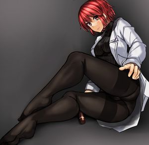 touhou horikawa raiko ayakumo 1girl ass black legwear blush breasts gusset jacket large breasts long sleeves looking at viewer no pants open clothes open jacket panties under pantyhose pantsu pantyhose red eyes red hair ribbed sweater sitting smile solo s