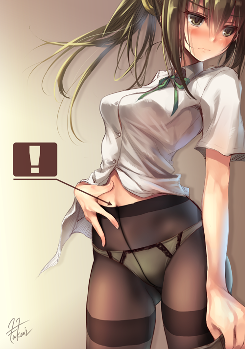 original fukai ryousuke ! 1girl blush brown legwear crotch seam green eyes green hair hair between eyes navel panties under pantyhose pantsu pantyhose ponytail school uniform signature skirt skirt pull solo sweatdrop thighband pantyhose underwear white pa