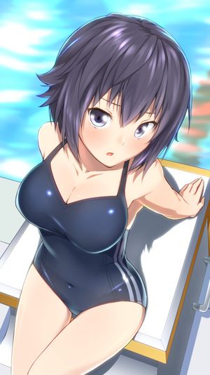 photo kano sanehara hikari ninnzinn high resolution 1girl arm support black eyes black hair blue eyes blue hair blush breasts cleavage clothed navel female hips large breasts legs looking at viewer one-piece swimsuit open mouth pool short hair sitting sol