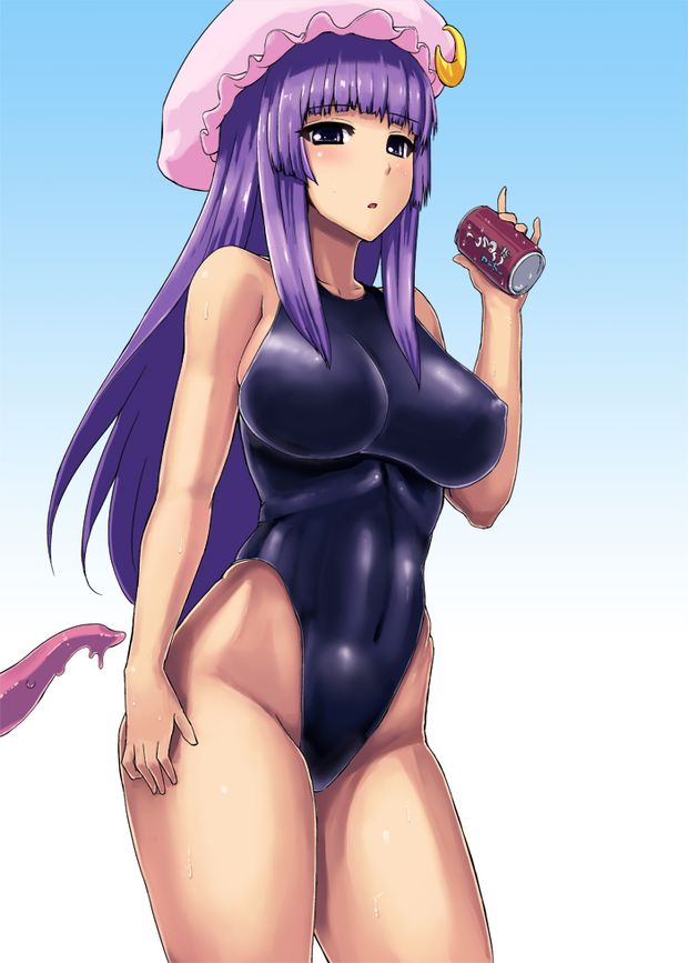 touhou patchouli knowledge ishimura (ishimura-ya) miso (misosiruoisi) 1girl bare legs bare shoulders breasts competition swimsuit crescent drink erect nipples erect nipples under clothes female hat highleg highleg swimsuit large breasts legs long hair loo