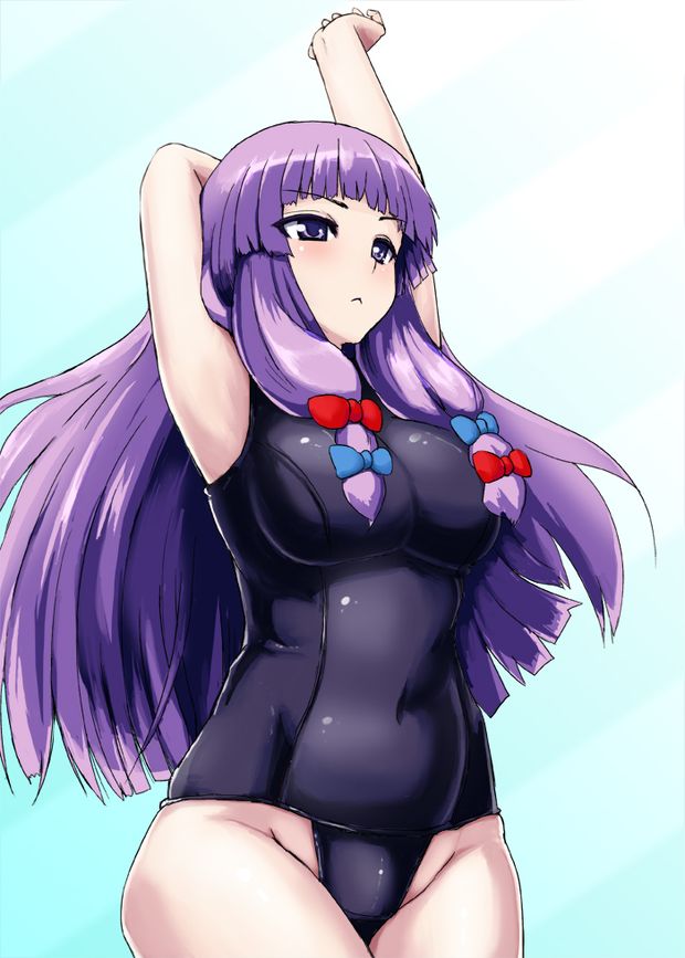 touhou patchouli knowledge ishimura (ishimura-ya) miso (misosiruoisi) pixiv id 1276620 :< 1girl alternative costume armpits arms up bangs blunt bangs bow breasts female hair bow impossible clothes impossible swimsuit large breasts long hair no hat no head