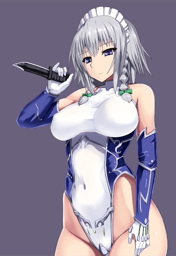 touhou izayoi sakuya ishimura (ishimura-ya) miso (misosiruoisi) isimiso 1girl alternative costume bare shoulders blue eyes bodysuit braid breasts clothed navel covered navel elbow gloves gloves grey background grey hair hair ribbon headdress highleg highl