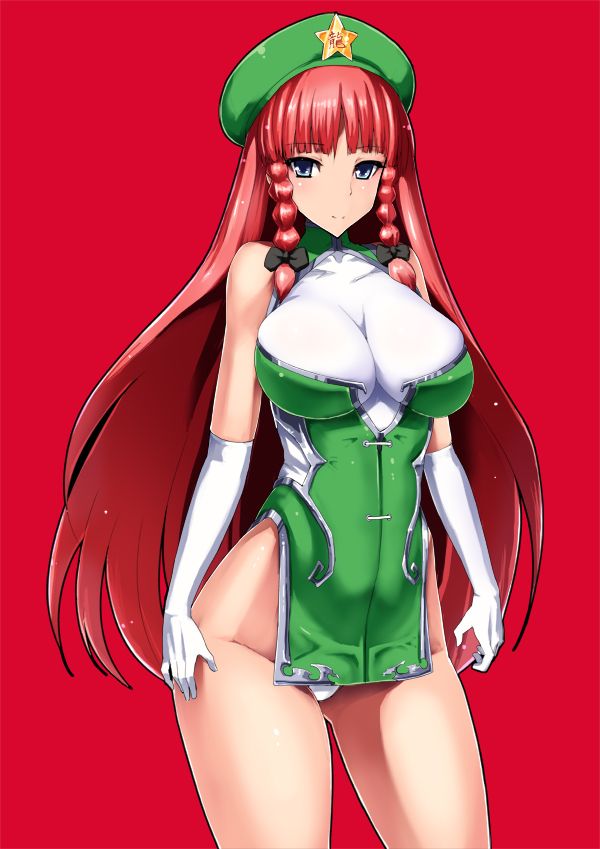 touhou hong meiling ishimura (ishimura-ya) miso (misosiruoisi) 1girl adapted costume blue eyes braid breasts elbow gloves gloves hat large breasts long hair red background red hair simple background solo star twin braids