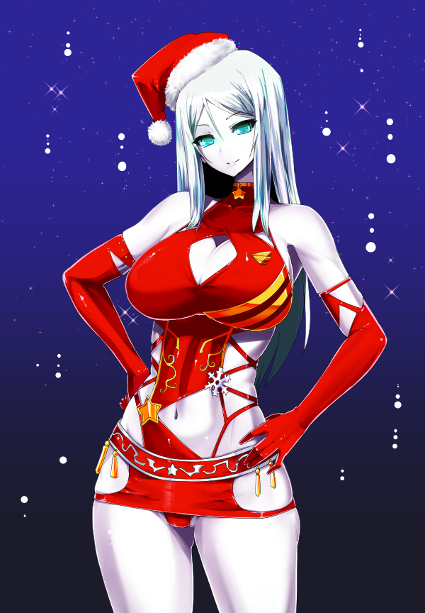kantai collection shinkaisei-kan ta-class battleship ishimura (ishimura-ya) miso (misosiruoisi) 1girl aqua eyes bodycon breasts christmas christmas outfit cleavage cleavage cutout dress elbow gloves female gloves hands on hips hat jewelry large breasts lo