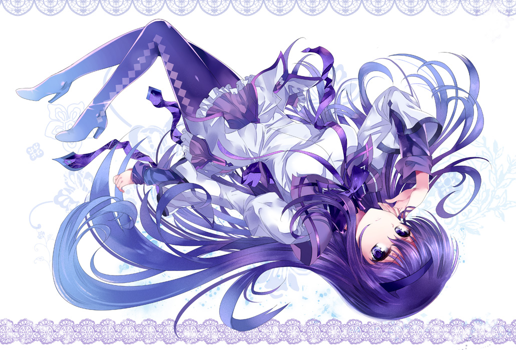 mahou shoujo madoka magica akemi homura pico (picollector79) 1girl black eyes black hair breasts female headband high heels long hair lying magical girl pantyhose purple eyes shoes solo upside-down very long hair