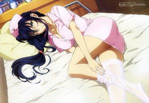 megami witch craft works gakken kagari ayaka hiyamizu yukie high resolution very high resolution official art scan cosplay 1girl bed black hair blue hair breasts cleavage dress female getting undressed green eyes hat long hair lying megami #168 2014-05 nu