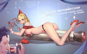 gundam gundam build fighters baker (gundam bf) chairman mashita ryushin high resolution 16:10 aspect ratio photo 1boy 1girl artist name ass bare shoulders bikini bikini top black panties blonde blue eyes blush bobby pin breasts camera christmas christmas