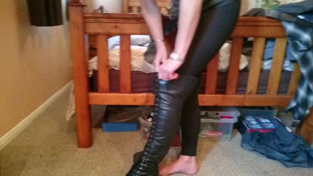 Leather boots shiny leggings corset and cameltoe
