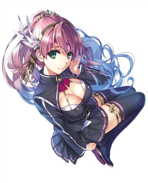 misaki kurehito 1girl blue hair blue legwear breasts cleavage green eyes hair ornament jewelry long hair looking at viewer looking back multicolored hair pink hair ponytail ribbon shoes simple background skirt smile solo thighhighs white background zettai