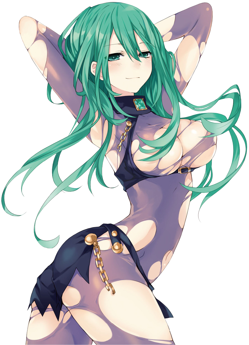 date a live natsumi (date a live) tsunako transparent background 1girl armpits arms up ass blush bodysuit breasts chain cleavage contrapposto gem green eyes green hair long hair smile solo torn bodysuit torn clothes