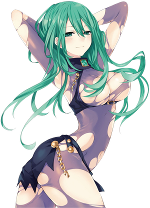 date a live natsumi (date a live) tsunako transparent background 1girl armpits arms up ass blush bodysuit breasts chain cleavage contrapposto gem green eyes green hair long hair smile solo torn bodysuit torn clothes