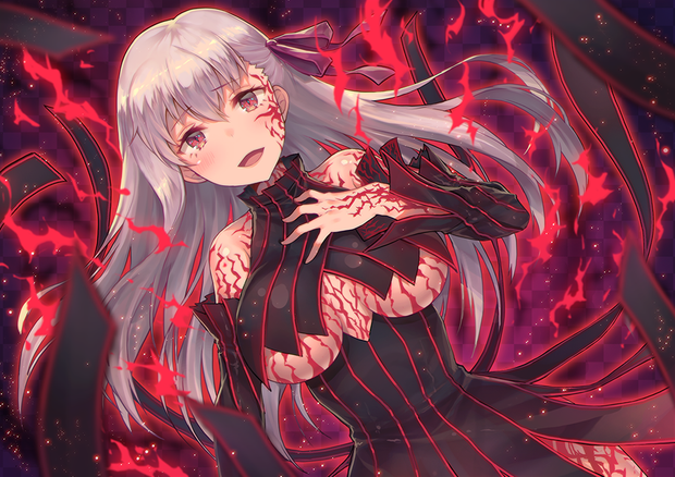 fate (series) fate/stay night matou sakura dark sakura g.t 1girl blush breasts corruption detached sleeves hair ribbon large breasts long hair looking at viewer open mouth red eyes ribbon silver hair smile solo underboob