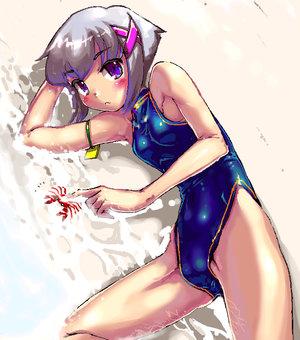 otter kawauso 1girl beach blue eyes cameltoe competition swimsuit crab crustacean lying one-piece swimsuit sand short hair silver hair solo swimsuit bad id