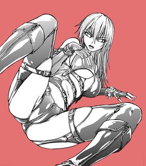 original fish.boy monochrome 1girl ass bdsm bondage breasts crotch cuffs elbow gloves fingerless gloves gloves harness long hair looking at viewer navel open mouth solo thighhighs underboob