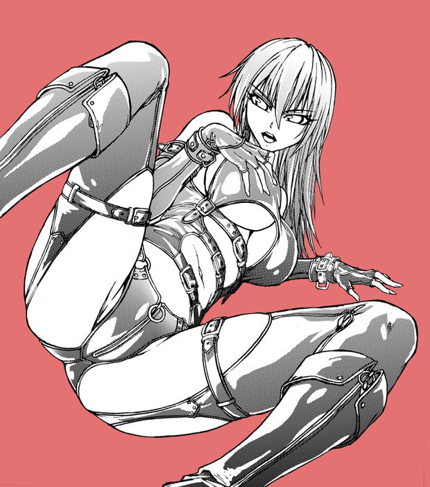 original fish.boy monochrome 1girl ass bdsm bondage breasts crotch cuffs elbow gloves fingerless gloves gloves harness long hair looking at viewer navel open mouth solo thighhighs underboob