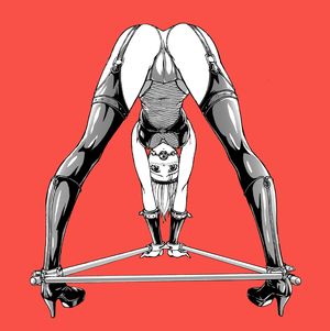 original fish.boy monochrome 1:1 aspect ratio 1girl ass ballgag bdsm bent over black legwear blush bondage boots breasts cuffs fishnets gag gagged high heels latex looking at viewer pantsu shoes short hair solo spreader bar thigh boots thighhighs top-down