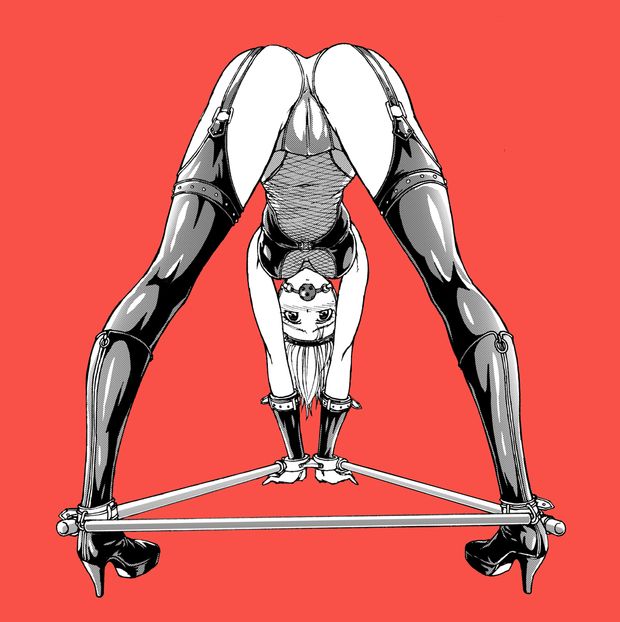 original fish.boy monochrome 1:1 aspect ratio 1girl ass ballgag bdsm bent over black legwear blush bondage boots breasts cuffs fishnets gag gagged high heels latex looking at viewer pantsu shoes short hair solo spreader bar thigh boots thighhighs top-down